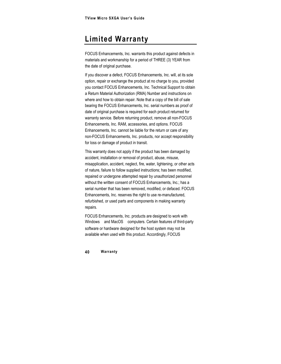 Limited warranty | FOCUS Enhancements SXGA User Manual | Page 44 / 45