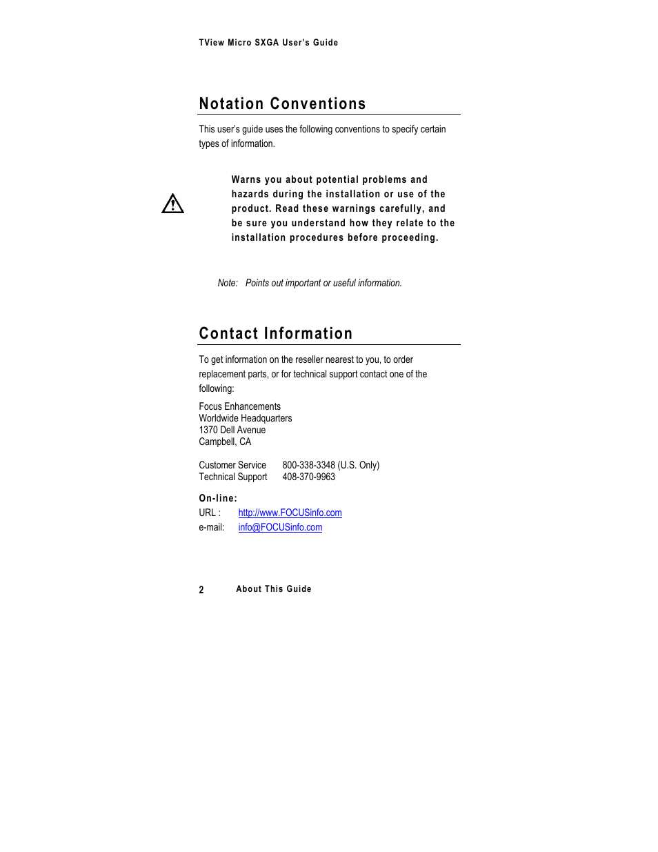 Notation conventions, Contact information | FOCUS Enhancements SXGA User Manual | Page 6 / 45