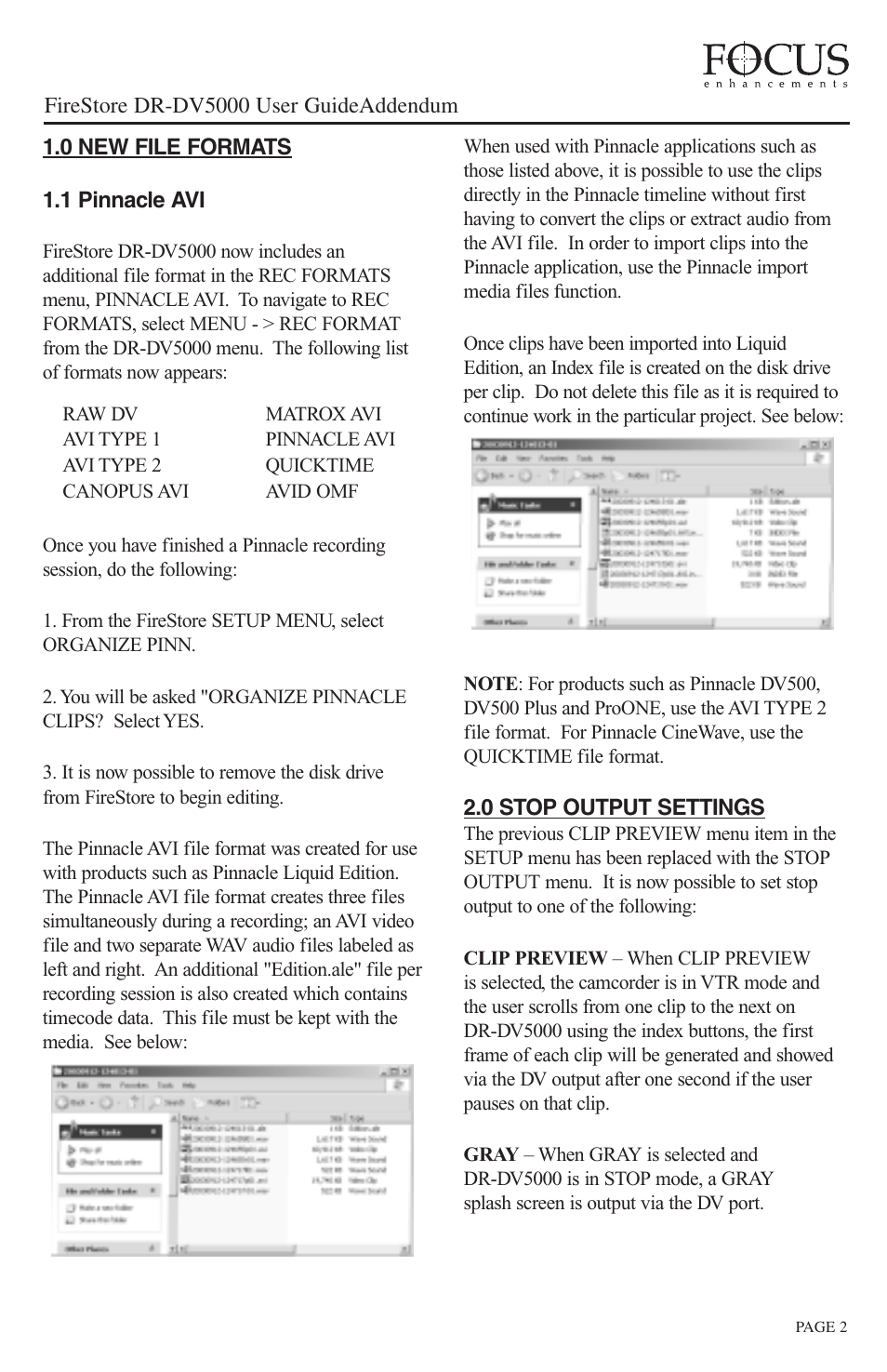 0 new file formats 1.1 pinnacle avi, 0 stop output settings, Firestore dr-dv5000 user guideaddendum | FOCUS Enhancements DR-DV5000 User Manual | Page 3 / 4