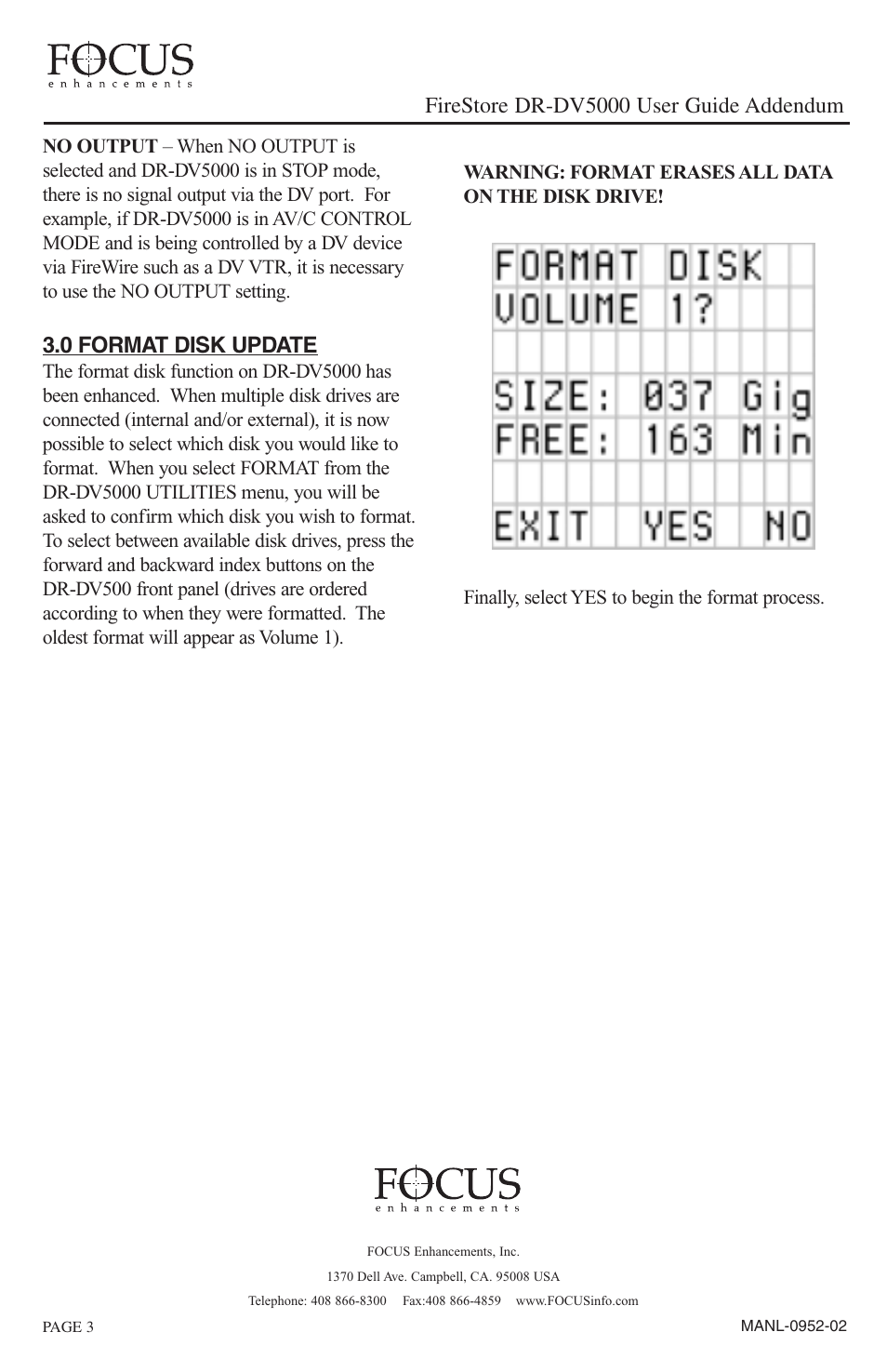 0 format disk update, Firestore dr-dv5000 user guide addendum | FOCUS Enhancements DR-DV5000 User Manual | Page 4 / 4