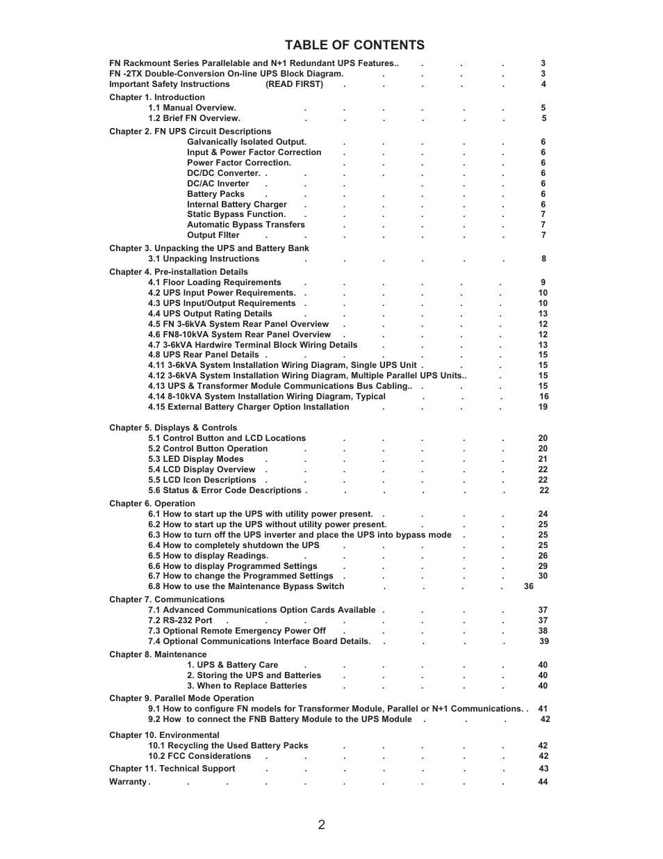 Table of contents 2 | Falcon RACKMOUNT UPS PLUS FN4KRM-2TX User Manual | Page 2 / 44