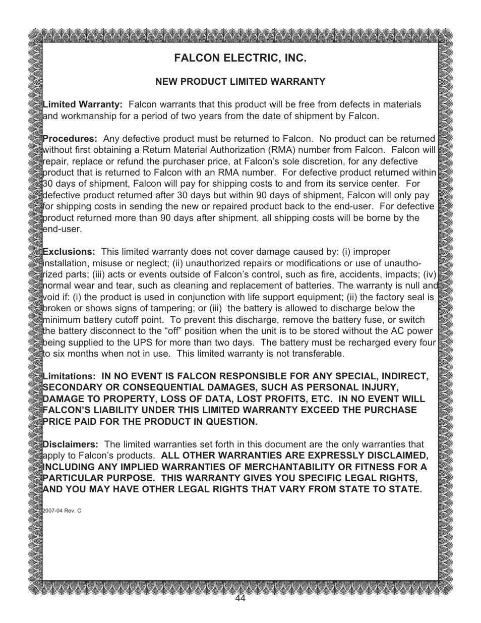 Falcon electric, inc | Falcon RACKMOUNT UPS PLUS FN4KRM-2TX User Manual | Page 44 / 44