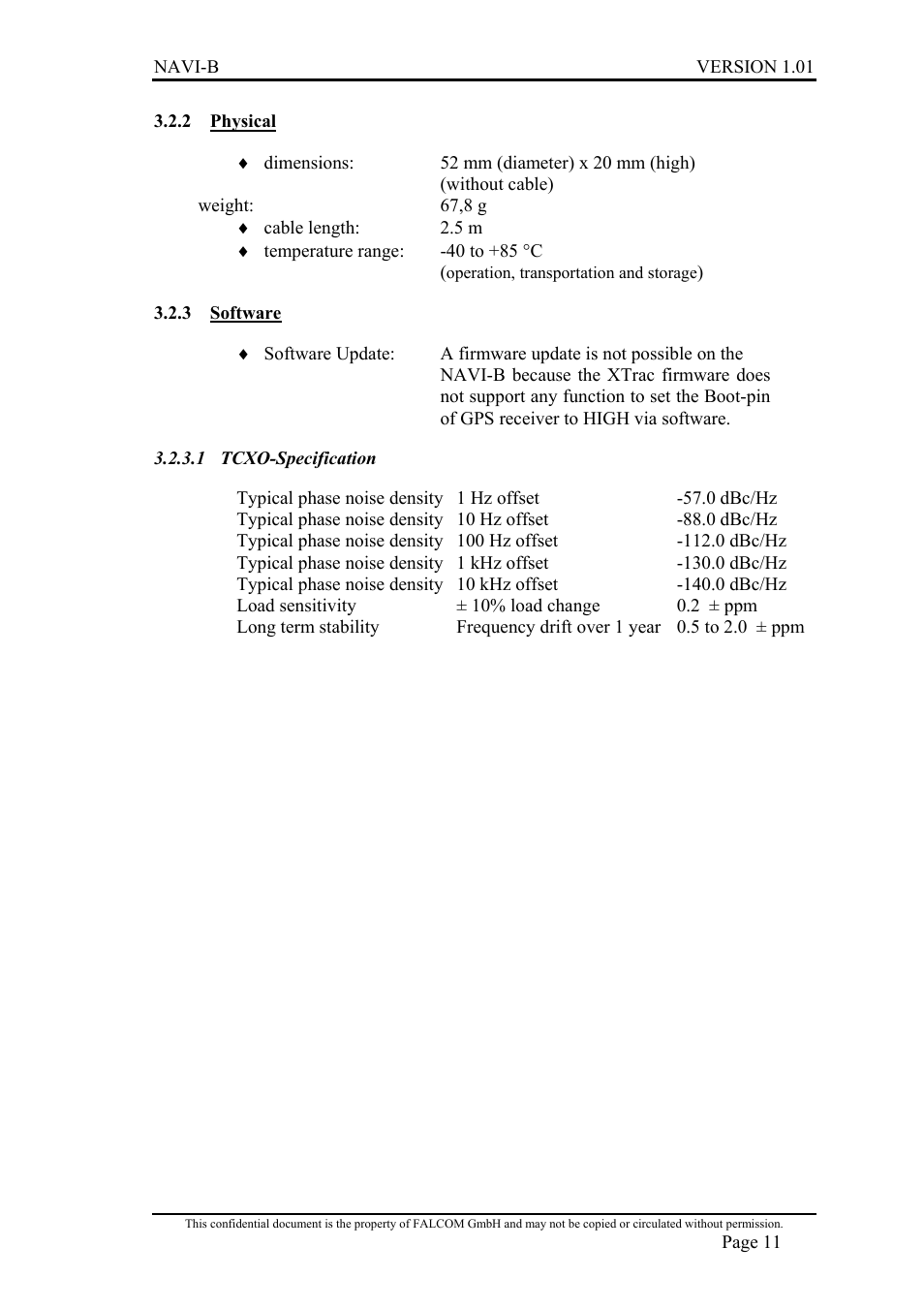 Physical, Software, Tcxo-specification | Section, Added | Falcon NAVI-B User Manual | Page 11 / 25