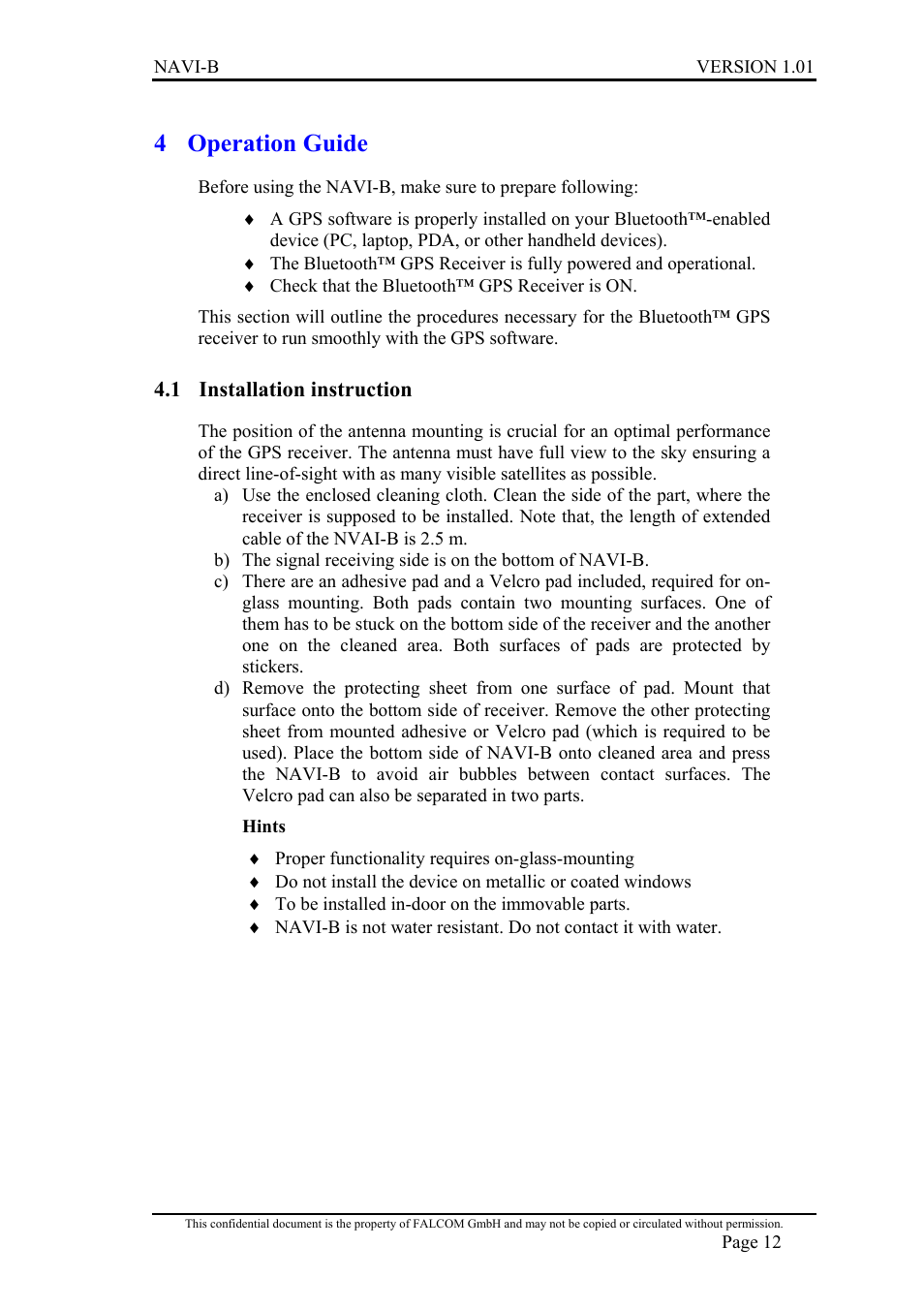 Operation guide, Installation instruction, Nstallation instruction | 4 operation guide | Falcon NAVI-B User Manual | Page 12 / 25