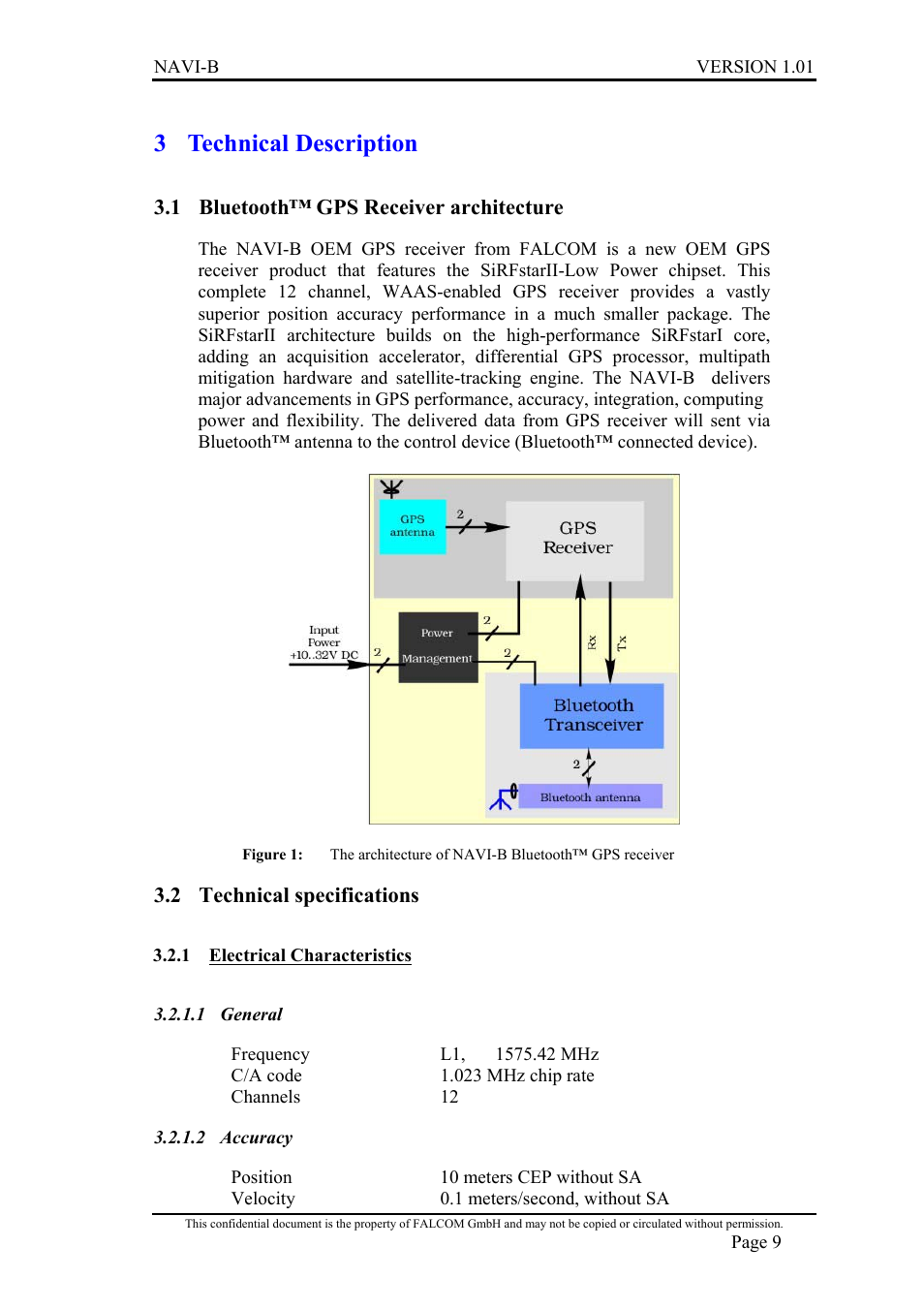 Technical description, Bluetooth™ gps receiver architecture, Technical specifications | Electrical characteristics, General, Accuracy, Luetooth, Gps r, Eceiver architecture, Echnical specifications | Falcon NAVI-B User Manual | Page 9 / 25