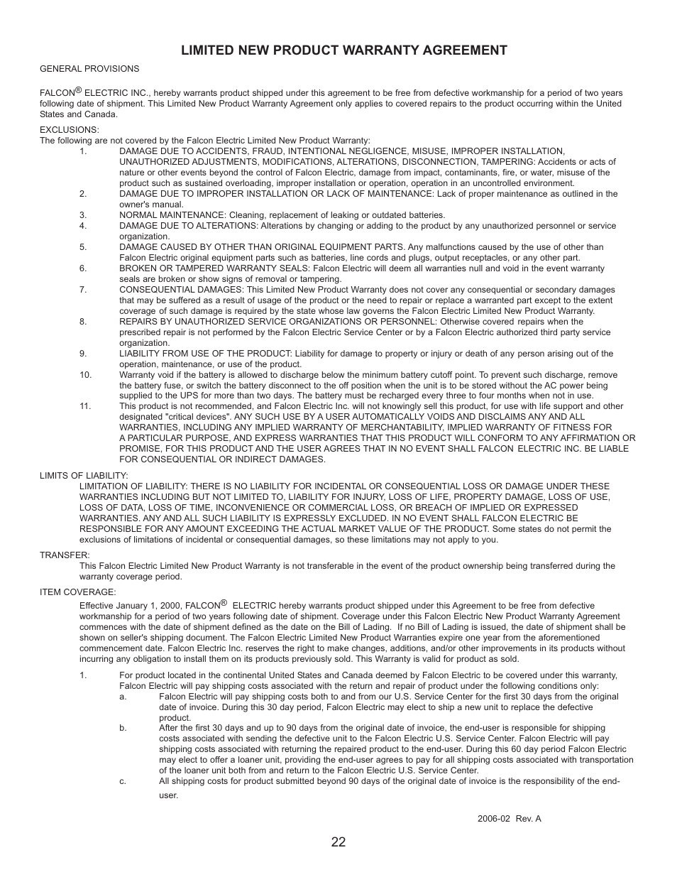 Limited new product warranty agreement 22 | Falcon SG2K-1T User Manual | Page 24 / 26
