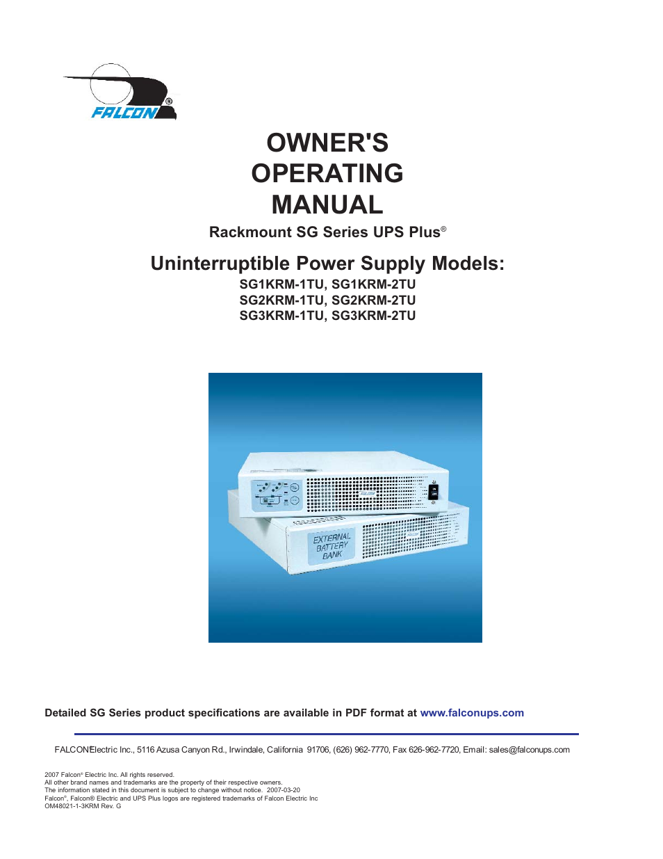 Falcon RACKMOUNT SG SERIES UPS PLUS SG1KRM-1TU User Manual | 24 pages