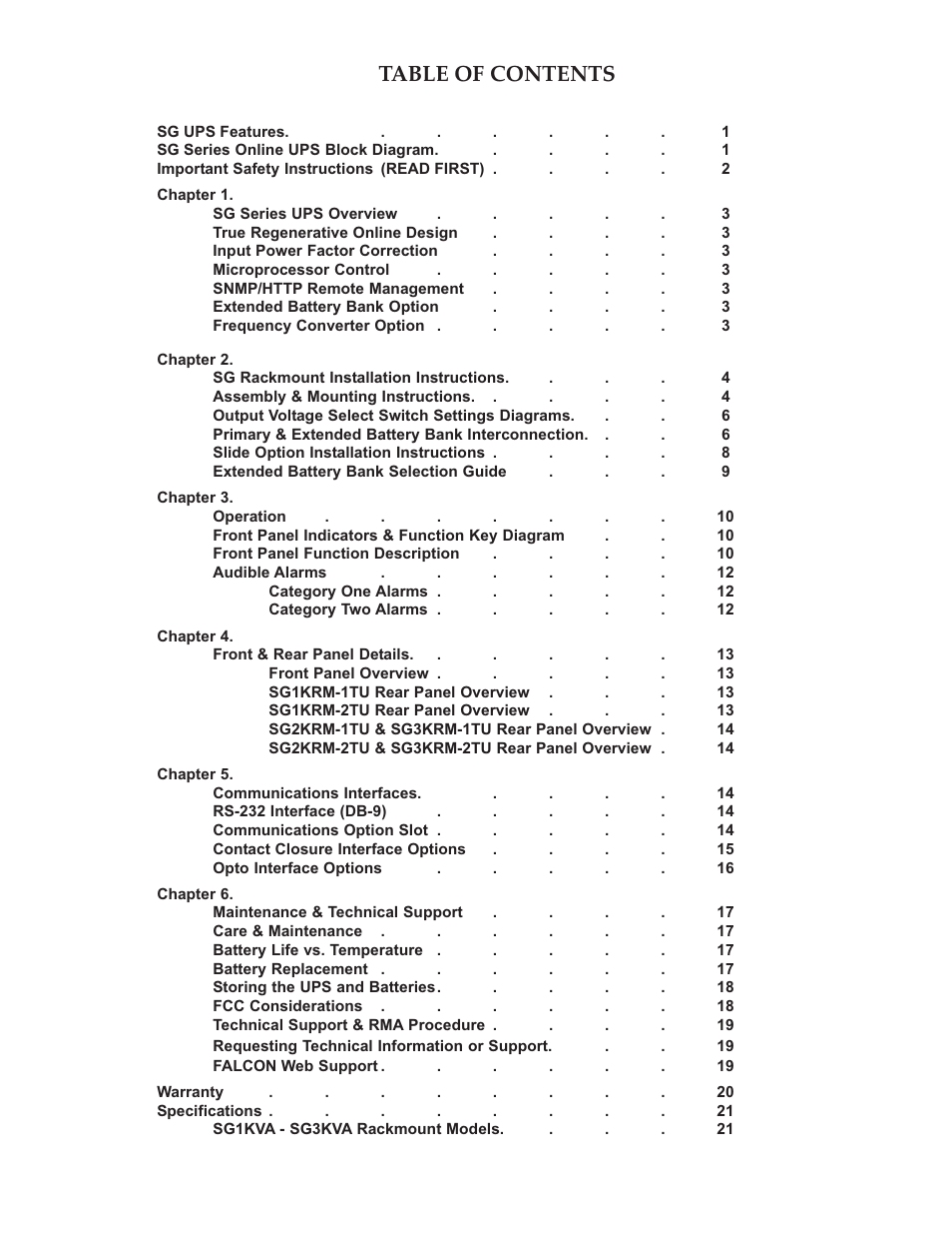 Falcon RACKMOUNT SG SERIES UPS PLUS SG1KRM-1TU User Manual | Page 2 / 24