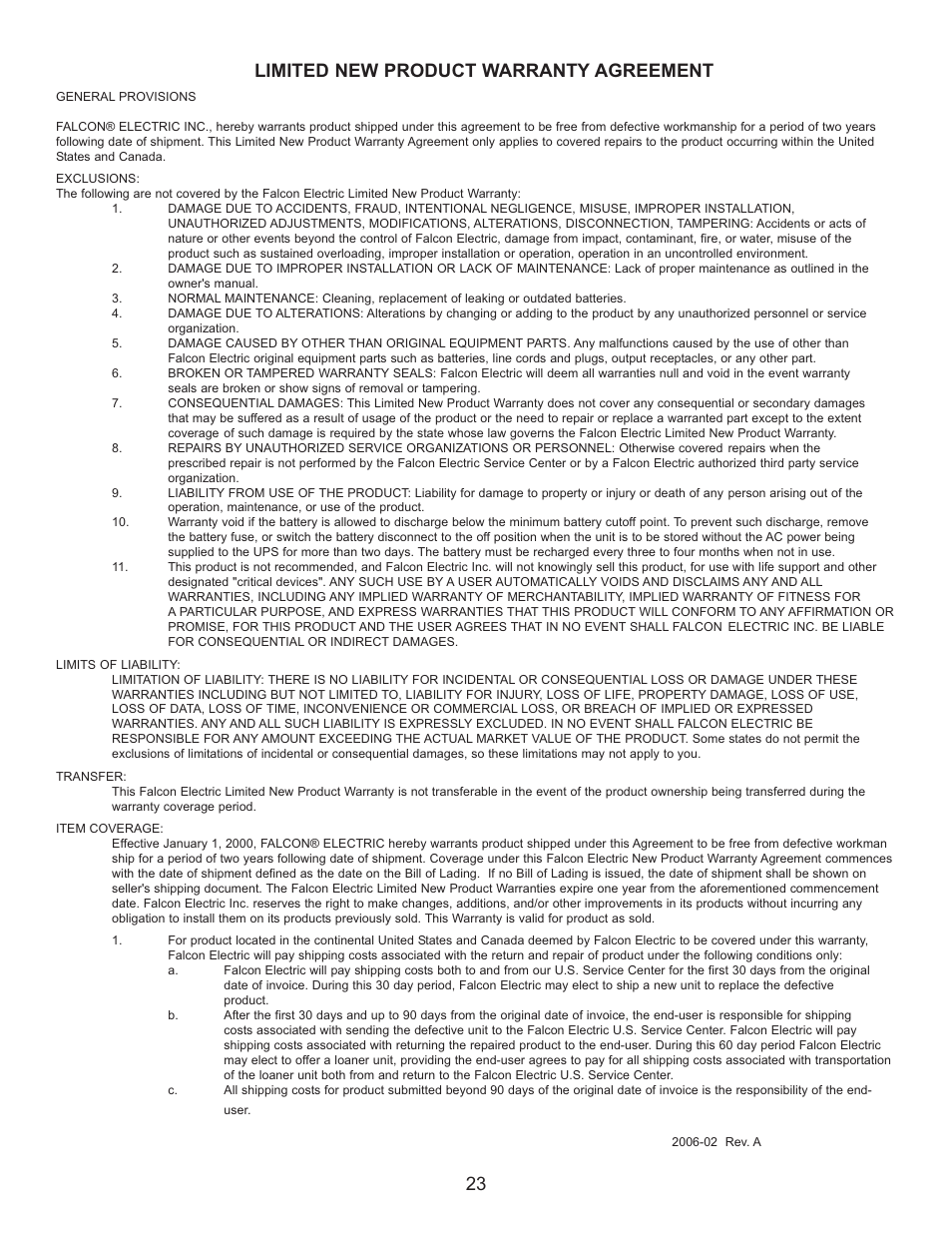 Limited new product warranty agreement 23 | Falcon SG3K-1T-HW User Manual | Page 25 / 26