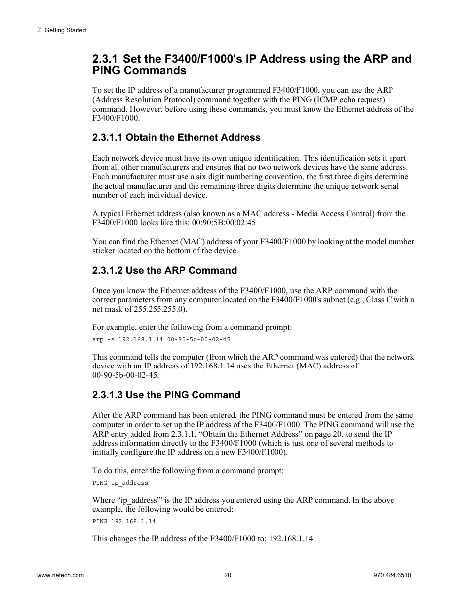 1 obtain the ethernet address, 2 use the arp command, 3 use the ping command | Falcon F3400 User Manual | Page 20 / 94