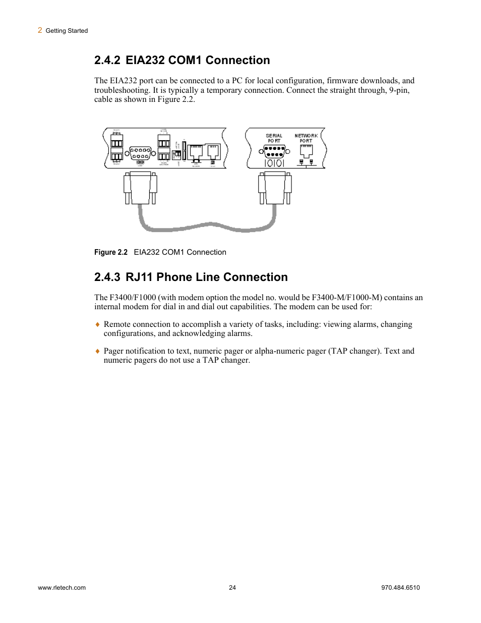 2 eia232 com1 connection, 3 rj11 phone line connection, Eia232 com1 connection rj11 phone line connection | Figure 2.2 eia232 com1 connection | Falcon F3400 User Manual | Page 24 / 94