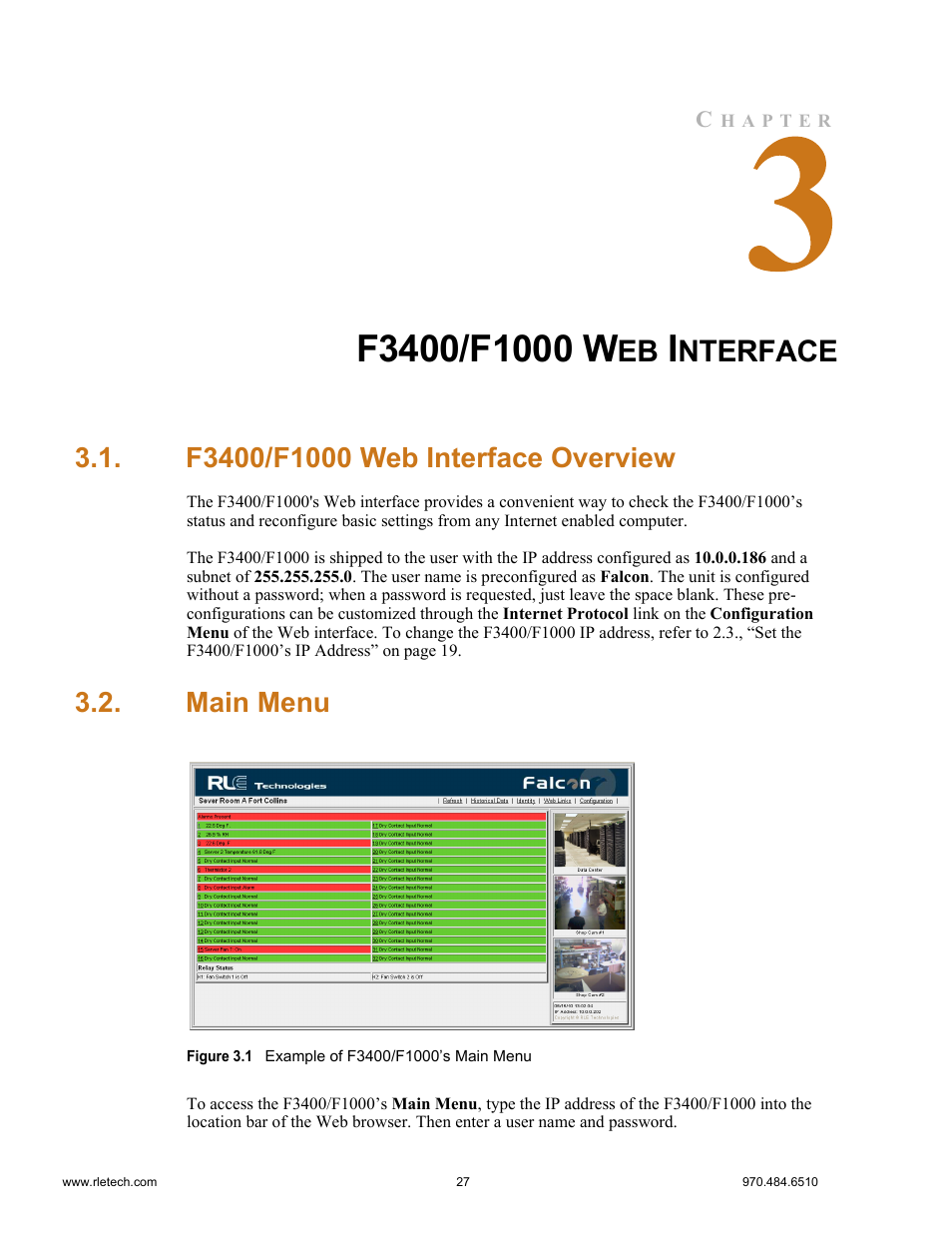 F3400/f1000 web interface, F3400/f1000 web interface overview, Main menu | F3400/f1000 web interface overview main menu, Figure 3.1 example of f3400/f1000’s main menu, Nterface | Falcon F3400 User Manual | Page 27 / 94