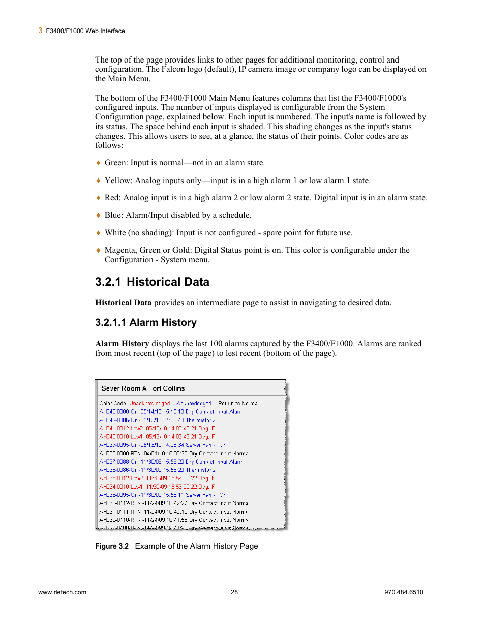 1 historical data, 1 alarm history, Historical data | Alarm history | Falcon F3400 User Manual | Page 28 / 94