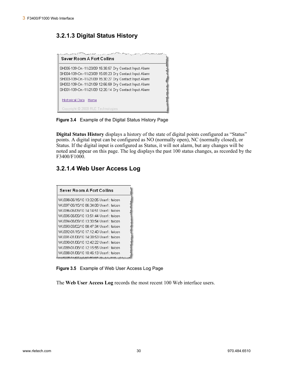 3 digital status history, 4 web user access log, Digital status history web user access log | Falcon F3400 User Manual | Page 30 / 94