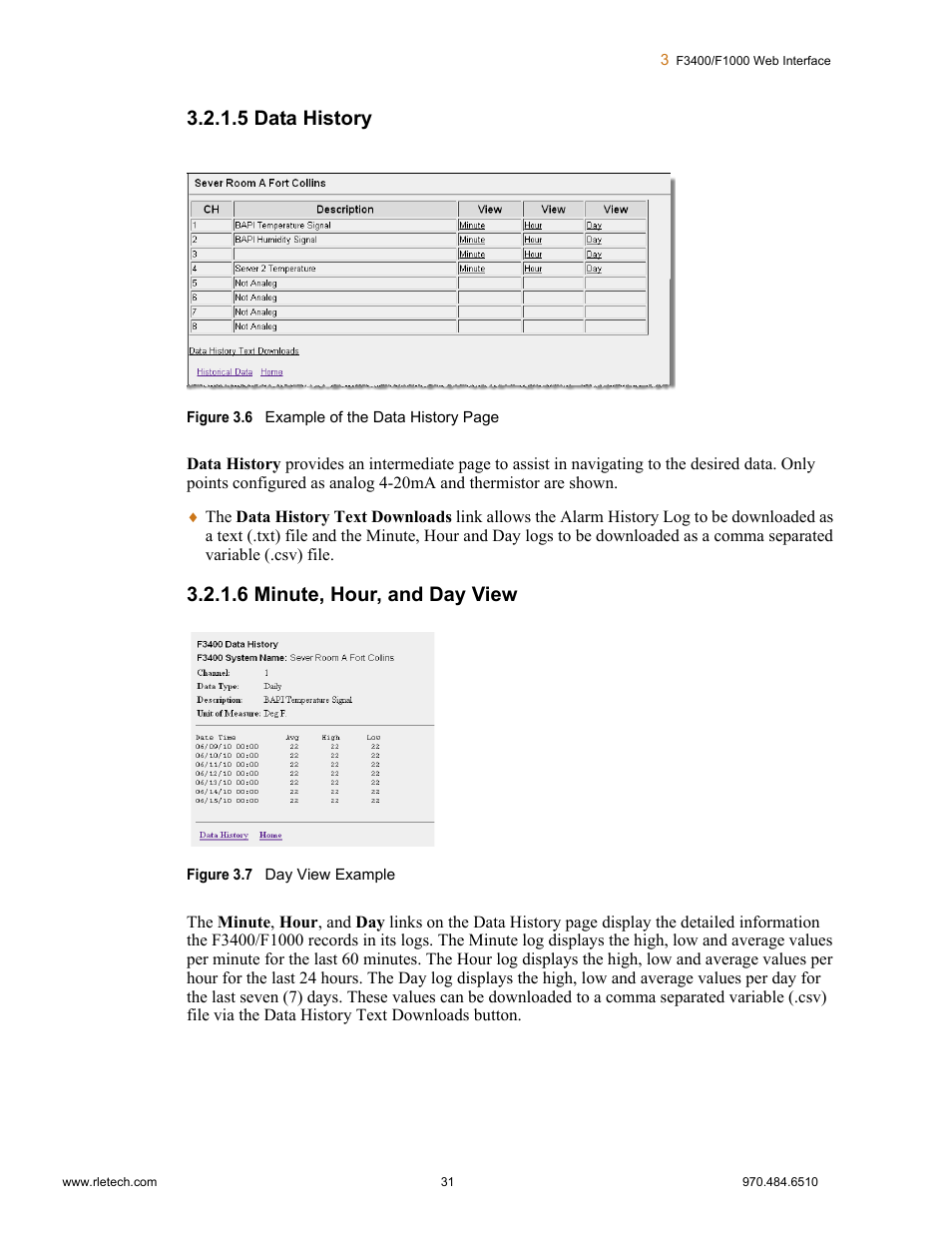 5 data history, 6 minute, hour, and day view, Data history minute, hour, and day view | Falcon F3400 User Manual | Page 31 / 94