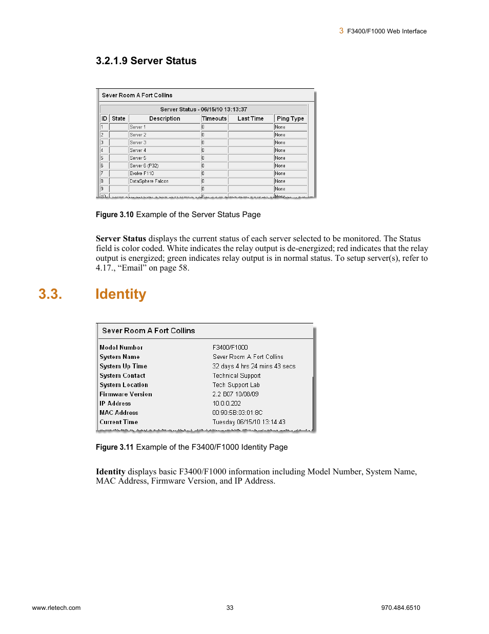 9 server status, Identity, Server status | Falcon F3400 User Manual | Page 33 / 94