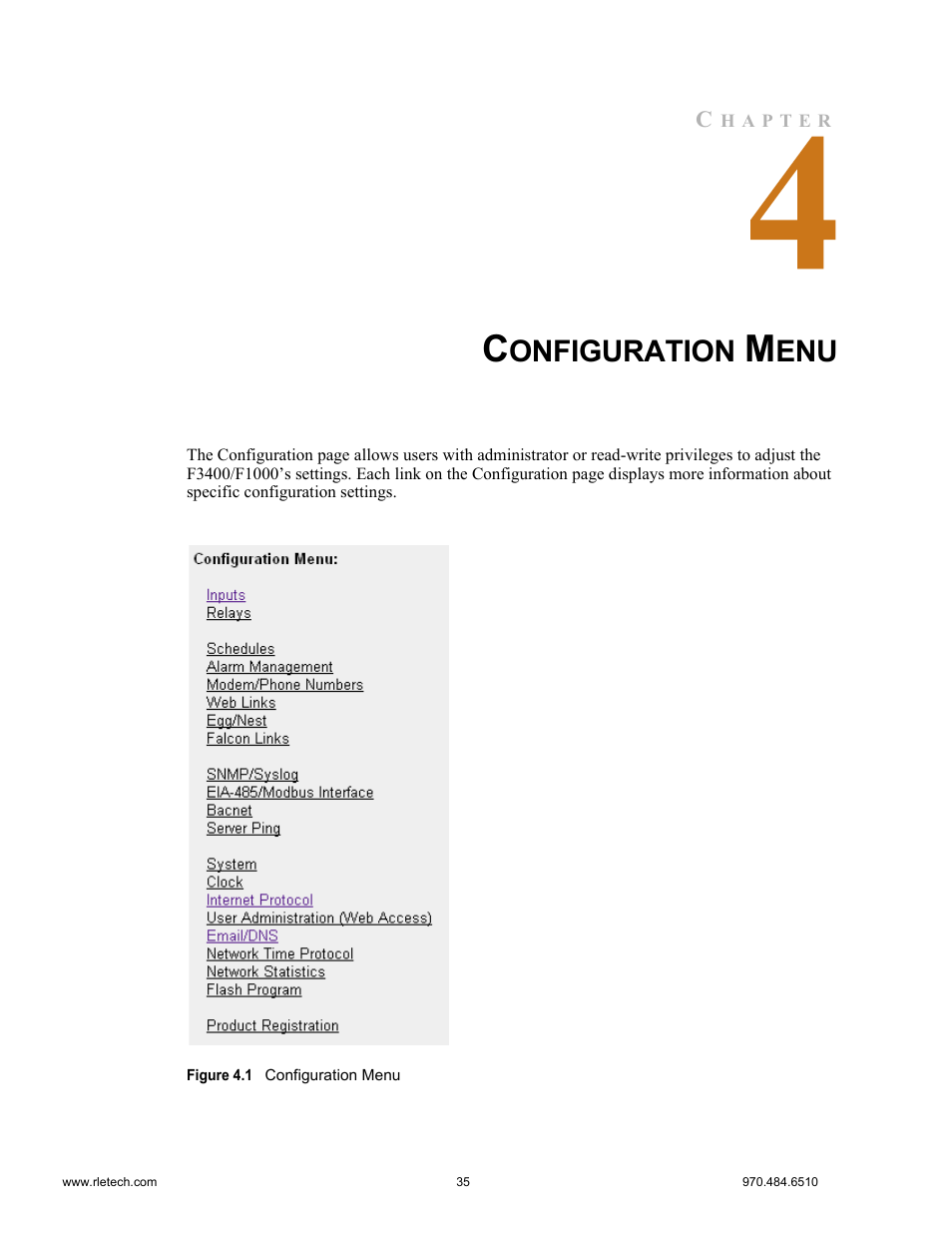 Configuration menu, Figure 4.1 configuration menu, To chapter 4 | Onfiguration | Falcon F3400 User Manual | Page 35 / 94