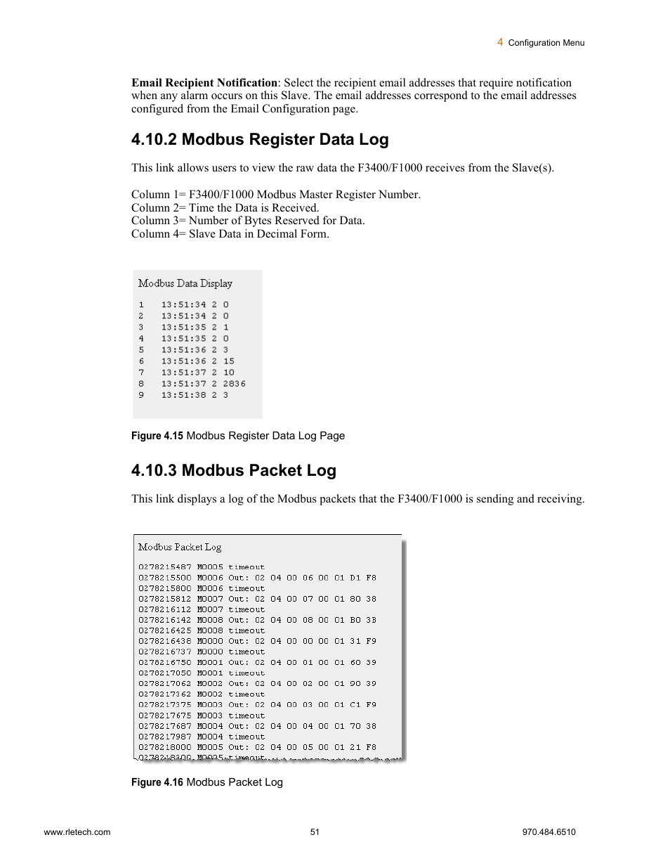 2 modbus register data log, 3 modbus packet log, Modbus register data log modbus packet log | Falcon F3400 User Manual | Page 51 / 94