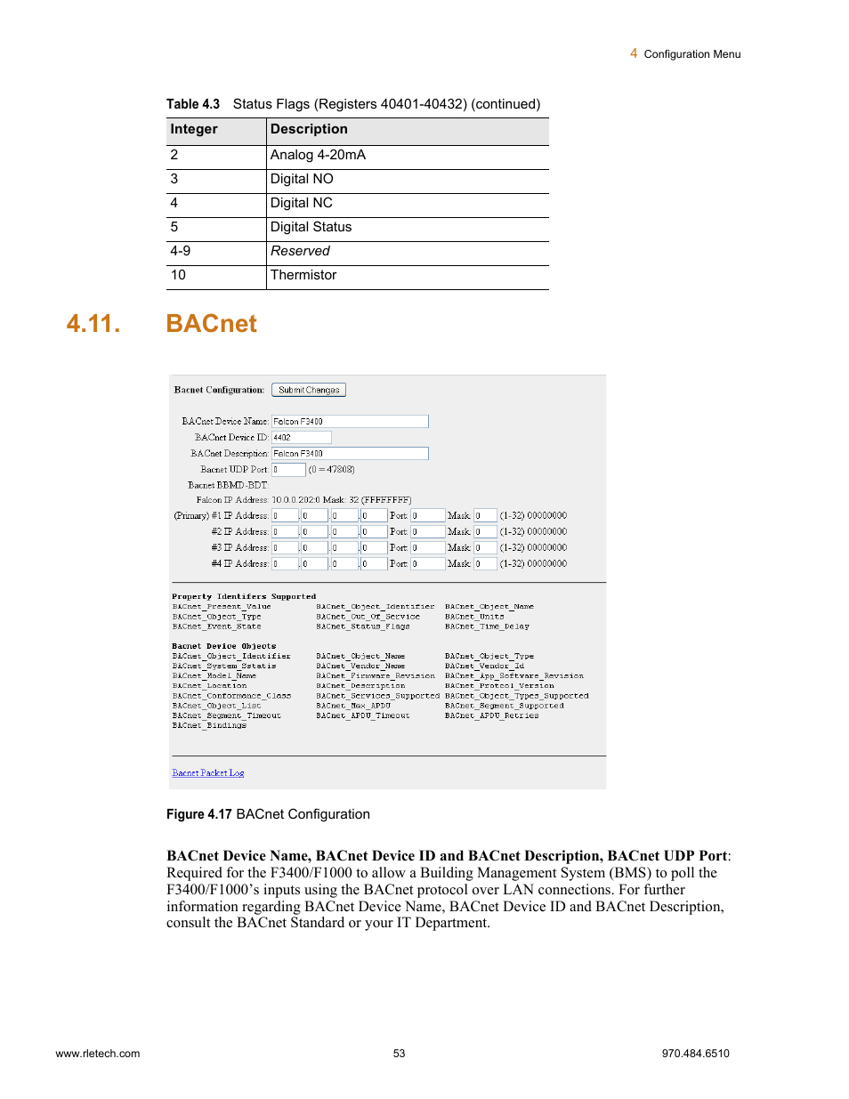 Bacnet, Figure 4.17 bacnet configuration | Falcon F3400 User Manual | Page 53 / 94