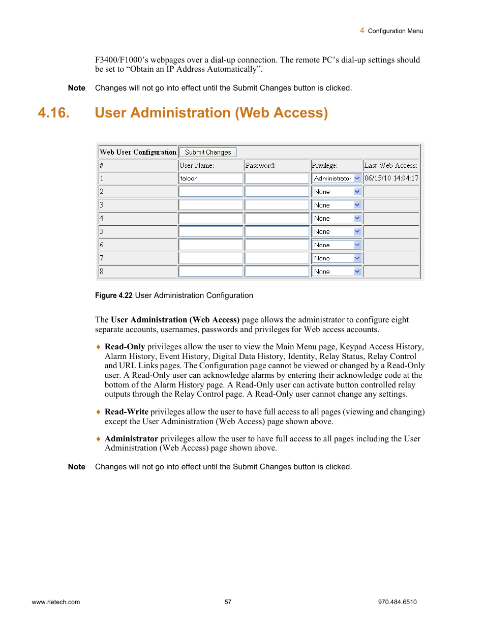 User administration (web access), Figure 4.22 user administration configuration | Falcon F3400 User Manual | Page 57 / 94