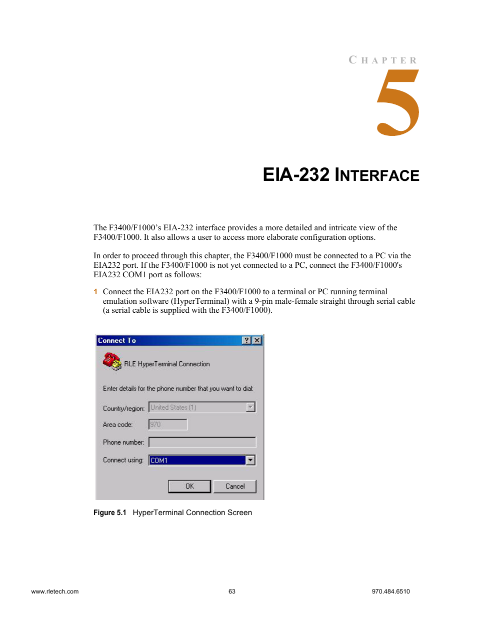 Eia-232 interface, Figure 5.1 hyperterminal connection screen, Eia-232 i | Nterface | Falcon F3400 User Manual | Page 63 / 94