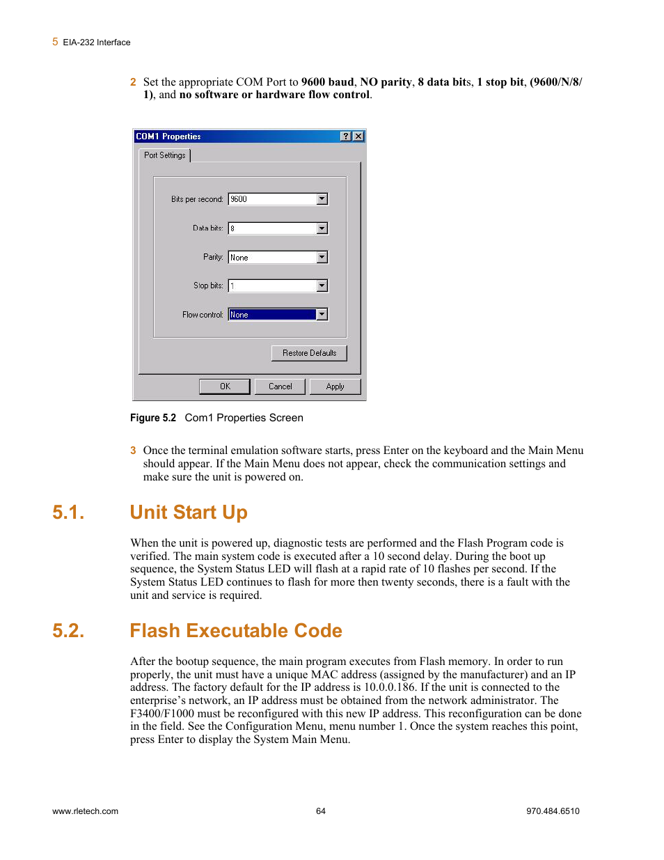 Unit start up, Flash executable code, Unit start up flash executable code | Figure 5.2 com1 properties screen | Falcon F3400 User Manual | Page 64 / 94