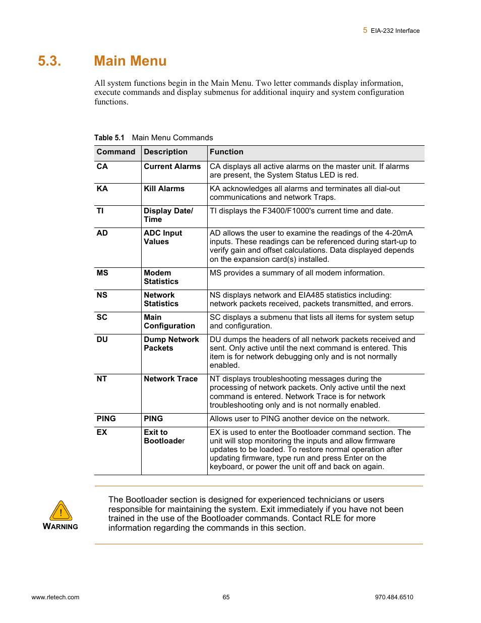 Main menu, Table 5.1 main menu commands | Falcon F3400 User Manual | Page 65 / 94
