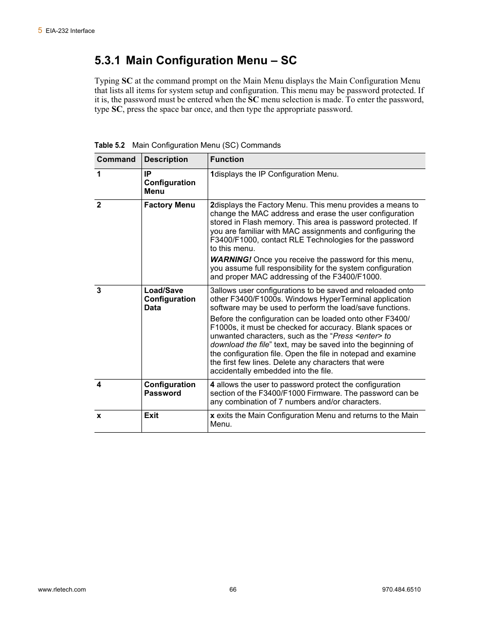 1 main configuration menu – sc, Main configuration menu – sc, Table 5.2 main configuration menu (sc) commands | Falcon F3400 User Manual | Page 66 / 94