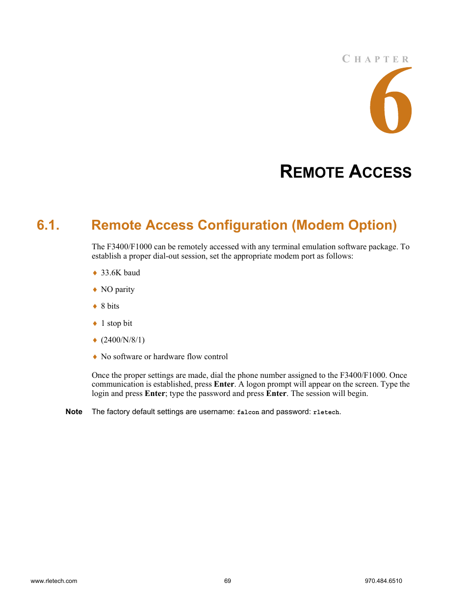 Remote access, Remote access configuration (modem option), Emote | Ccess | Falcon F3400 User Manual | Page 69 / 94