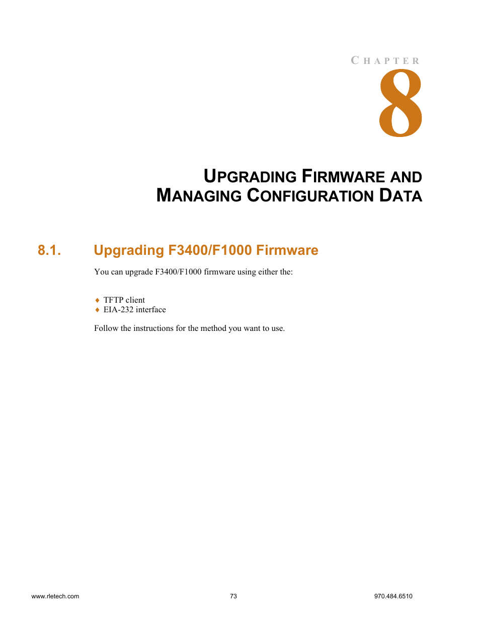 Upgrading firmware and managing configuration data, Upgrading f3400/f1000 firmware, Pgrading | Irmware, Anaging, Onfiguration | Falcon F3400 User Manual | Page 73 / 94
