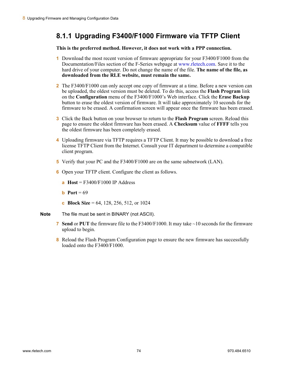 1 upgrading f3400/f1000 firmware via tftp client, Upgrading f3400/f1000 firmware via tftp client | Falcon F3400 User Manual | Page 74 / 94