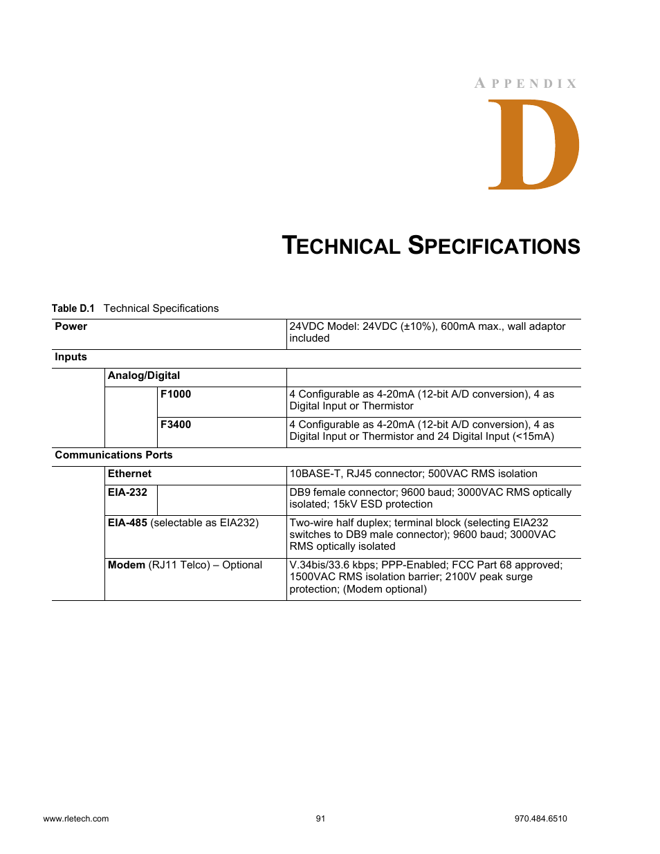 Technical specifications, Table d.1 technical specifications, Echnical | Pecifications | Falcon F3400 User Manual | Page 91 / 94