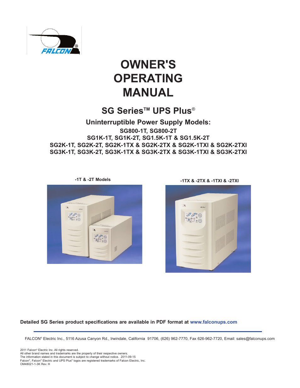 Falcon SG SERIES SG800-1T User Manual | 27 pages