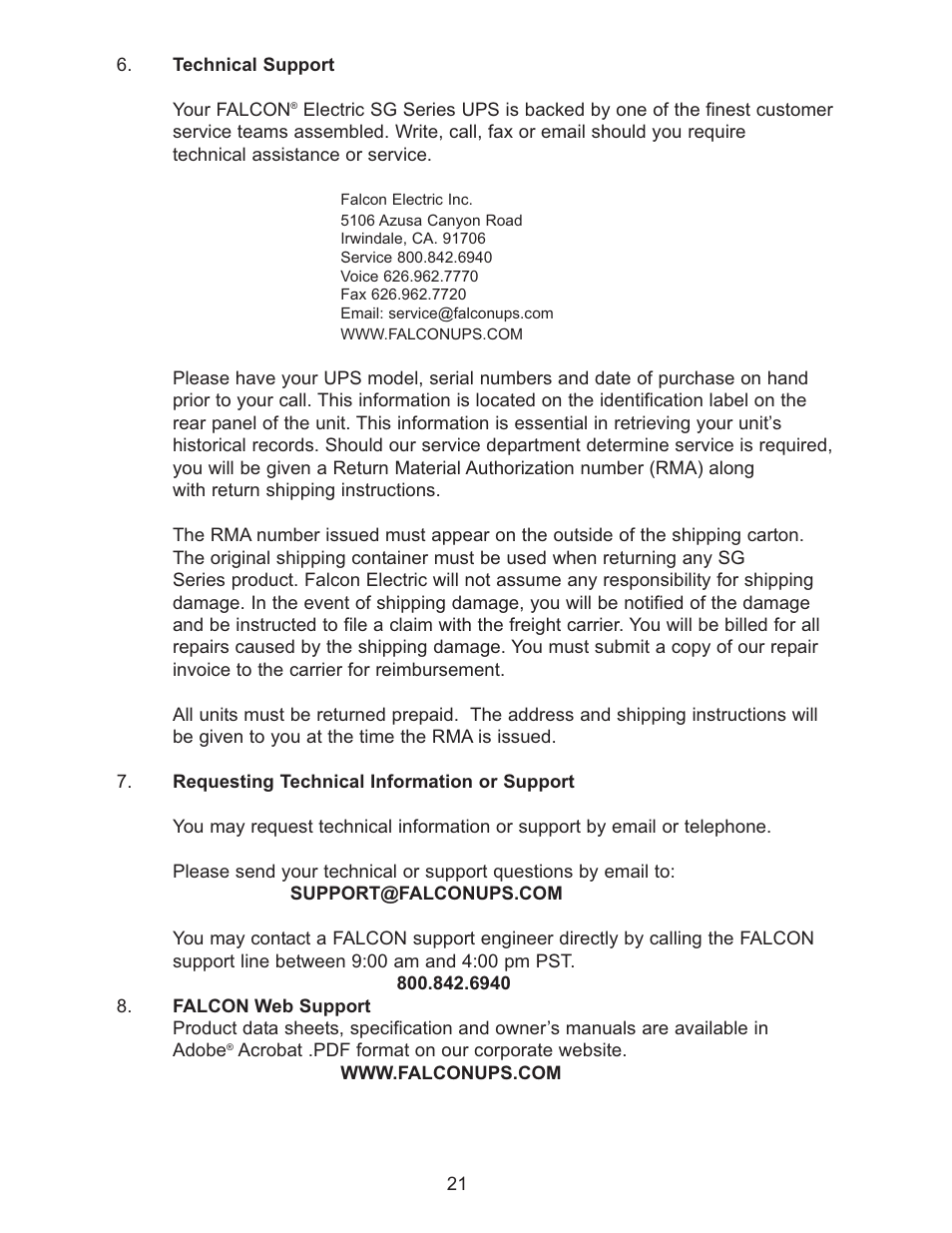 Falcon SG SERIES SG800-1T User Manual | Page 23 / 27