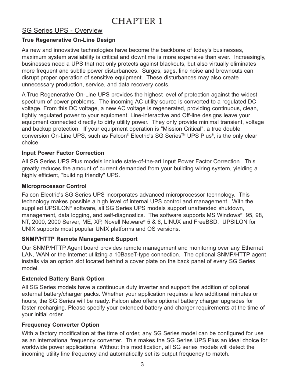 Chapter 1, Sg series ups - overview | Falcon SG SERIES SG800-1T User Manual | Page 5 / 27