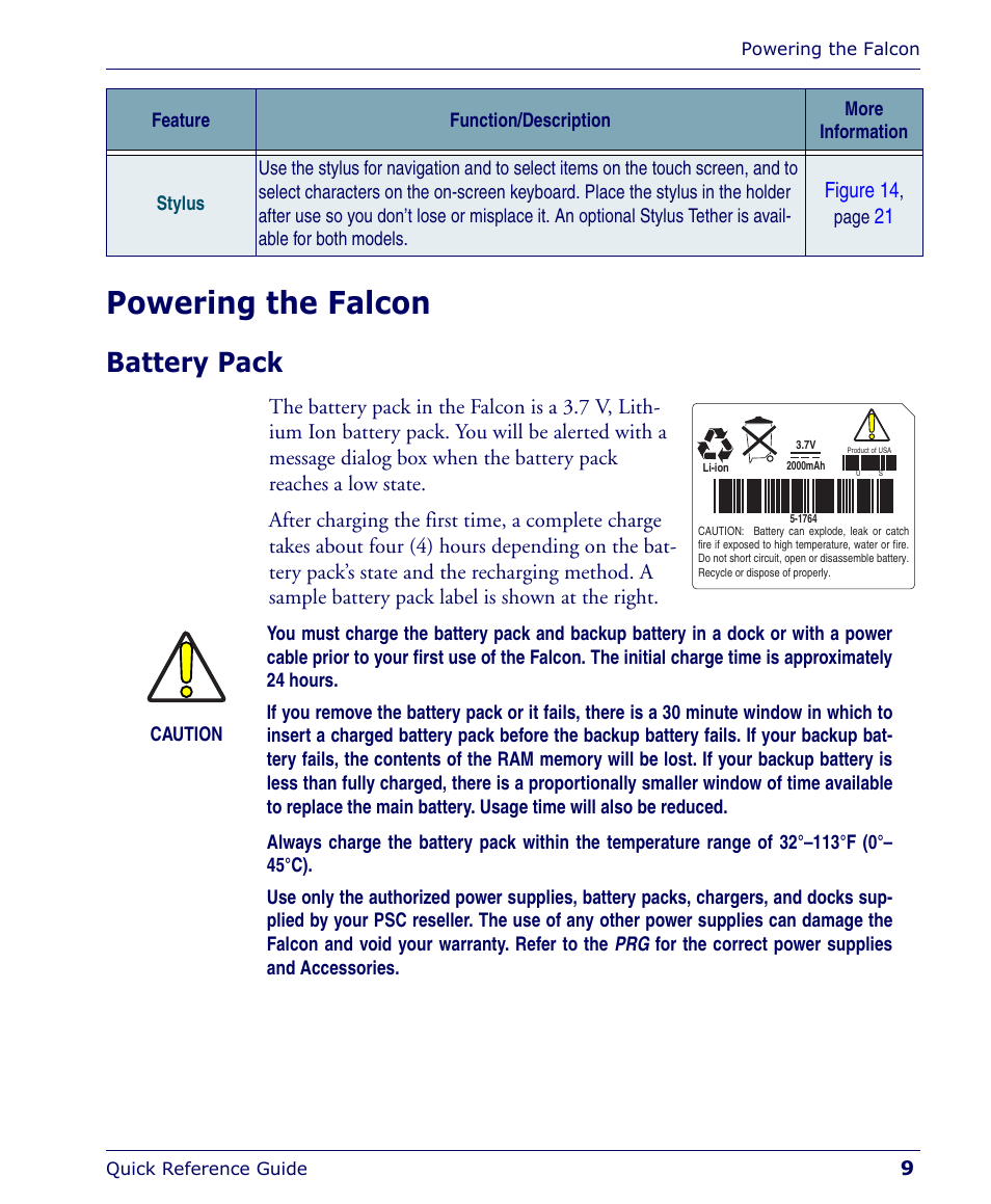Powering the falcon, Battery pack, Gives information | Falcon 4400 User Manual | Page 11 / 68