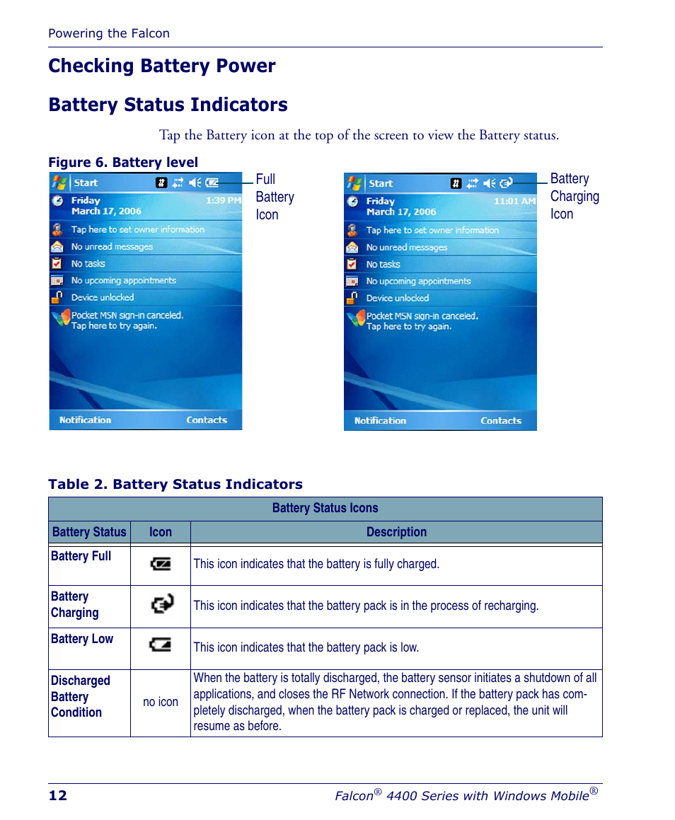 Checking battery power, Battery status indicators, Checking battery power battery status indicators | Falcon 4400 User Manual | Page 14 / 68