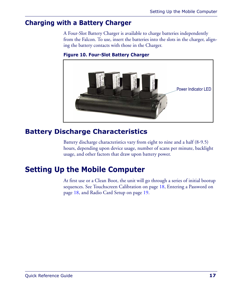 Charging with a battery charger, Battery discharge characteristics, Setting up the mobile computer | Falcon 4400 User Manual | Page 19 / 68