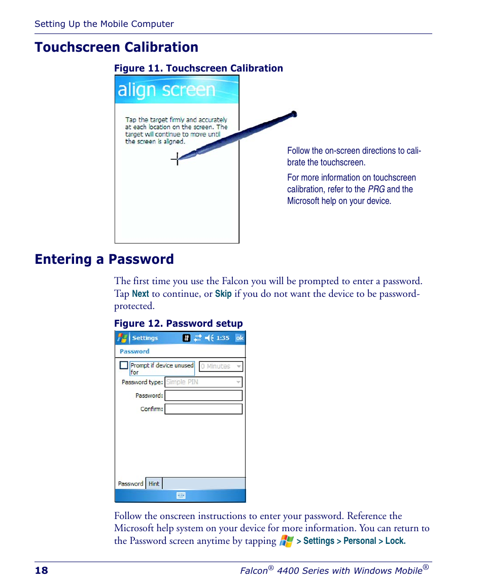 Touchscreen calibration, Entering a password, Touchscreen calibration entering a password | Entering a password on | Falcon 4400 User Manual | Page 20 / 68