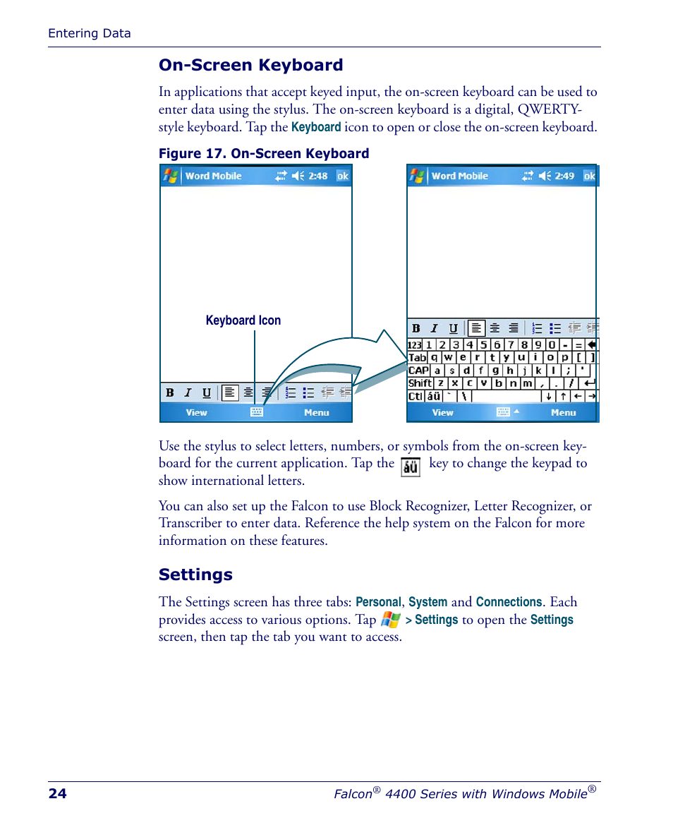 On-screen keyboard, Settings | Falcon 4400 User Manual | Page 26 / 68
