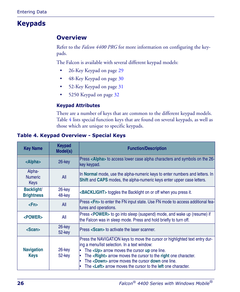 Keypads, Overview | Falcon 4400 User Manual | Page 28 / 68