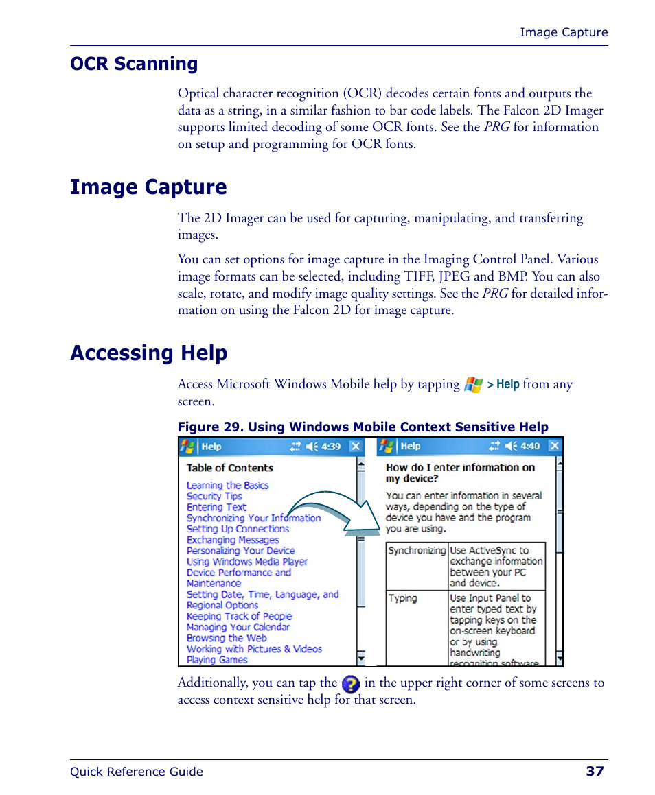 Ocr scanning, Image capture, Accessing help | Image capture accessing help | Falcon 4400 User Manual | Page 39 / 68