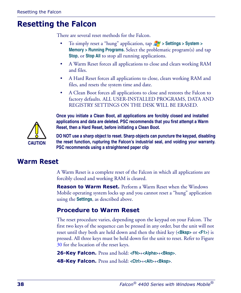 Resetting the falcon, Warm reset, Procedure to warm reset | Falcon 4400 User Manual | Page 40 / 68