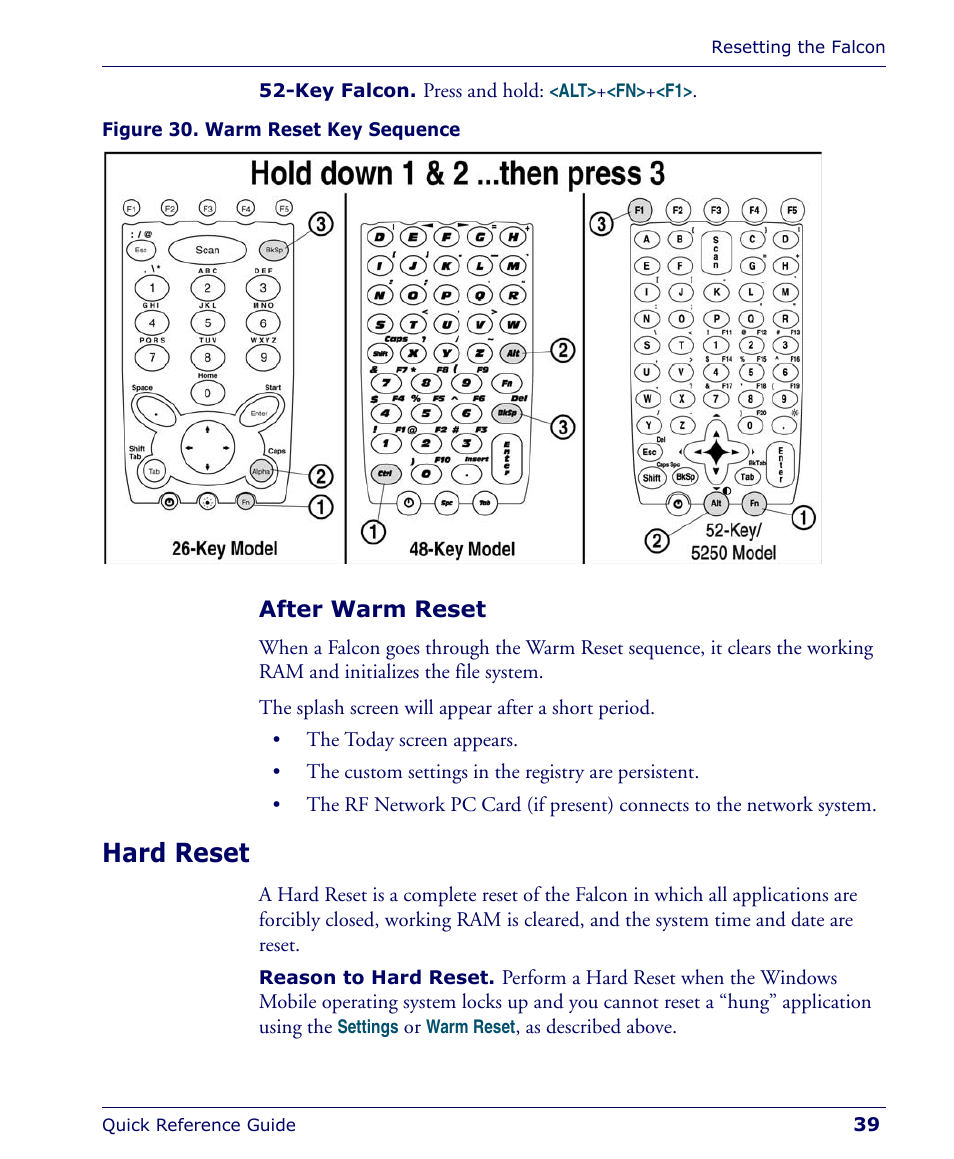 After warm reset, Hard reset | Falcon 4400 User Manual | Page 41 / 68