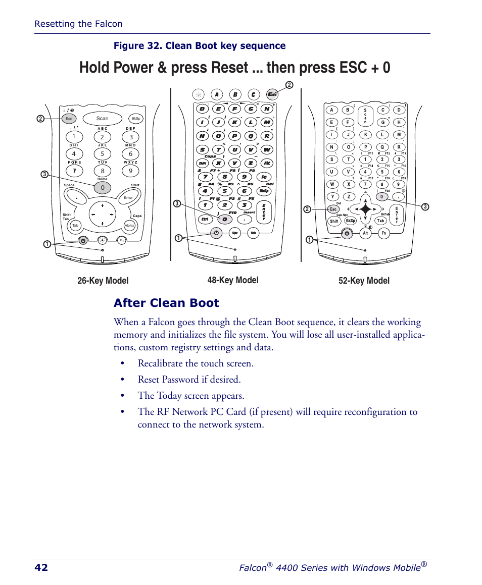 After clean boot, Hold power & press reset ... then press esc + 0, Figure 32. clean boot key sequence | Key model 52-key model 48-key model, Resetting the falcon, Falcon, 4400 series with windows mobile | Falcon 4400 User Manual | Page 44 / 68