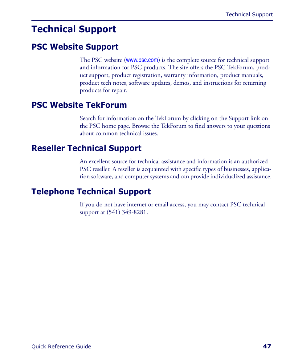 Technical support, Psc website support, Psc website tekforum | Reseller technical support, Telephone technical support | Falcon 4400 User Manual | Page 49 / 68