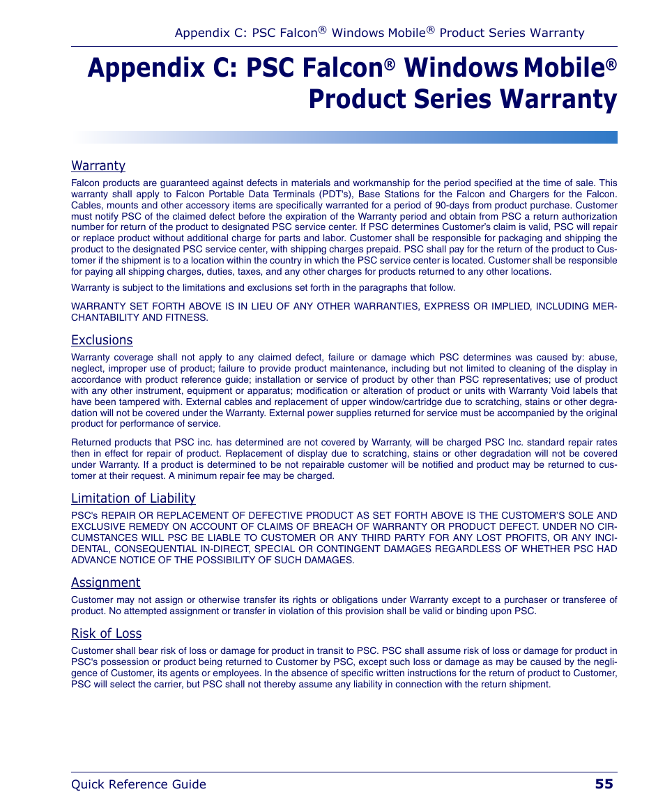 Appendix c: psc falcon, Windows, Mobile | Product series warranty | Falcon 4400 User Manual | Page 57 / 68