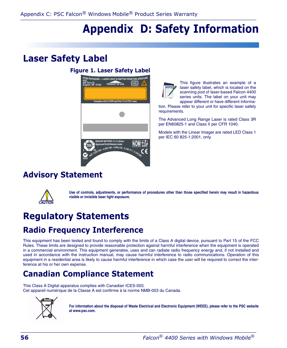 Appendix d: safety information, Laser safety label, Advisory statement | Regulatory statements, Radio frequency interference, Canadian compliance statement, Figure 1. laser safety label, Appendix c: psc falcon, Windows, Mobile | Falcon 4400 User Manual | Page 58 / 68