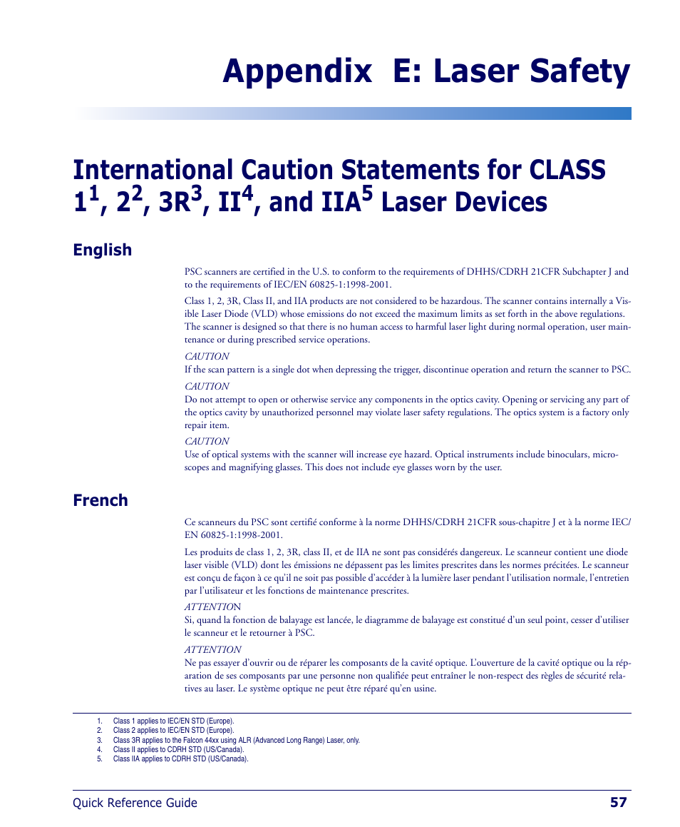 Appendix e: laser safety, English, French | English french, International caution statements for class 1, And iia, Laser devices | Falcon 4400 User Manual | Page 59 / 68