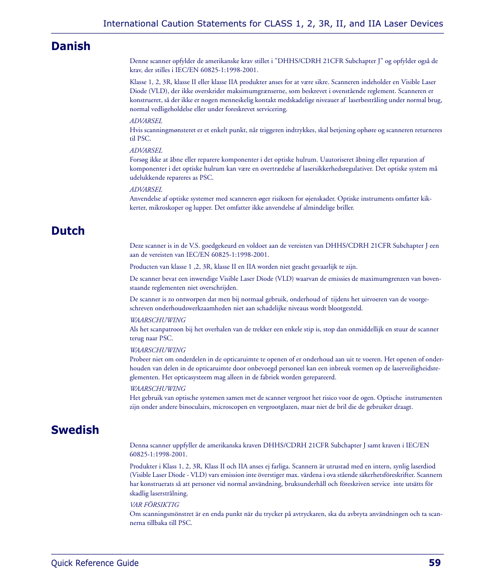 Danish, Dutch, Swedish | Danish dutch swedish | Falcon 4400 User Manual | Page 61 / 68